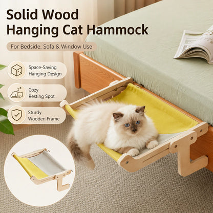 Solid wood hanging cat hammock for bedside, sofa and window use with cat resting on it