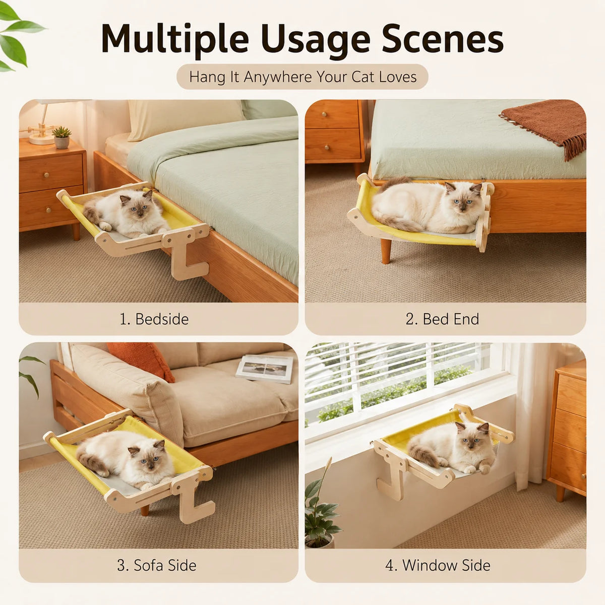 Cat hammock shown in four setups: bedside, bed end, sofa side and window side