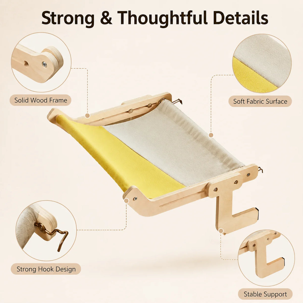 Cat hammock details: solid wood frame, soft fabric surface, strong hook design and stable support
