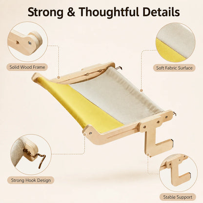 Cat hammock details: solid wood frame, soft fabric surface, strong hook design and stable support
